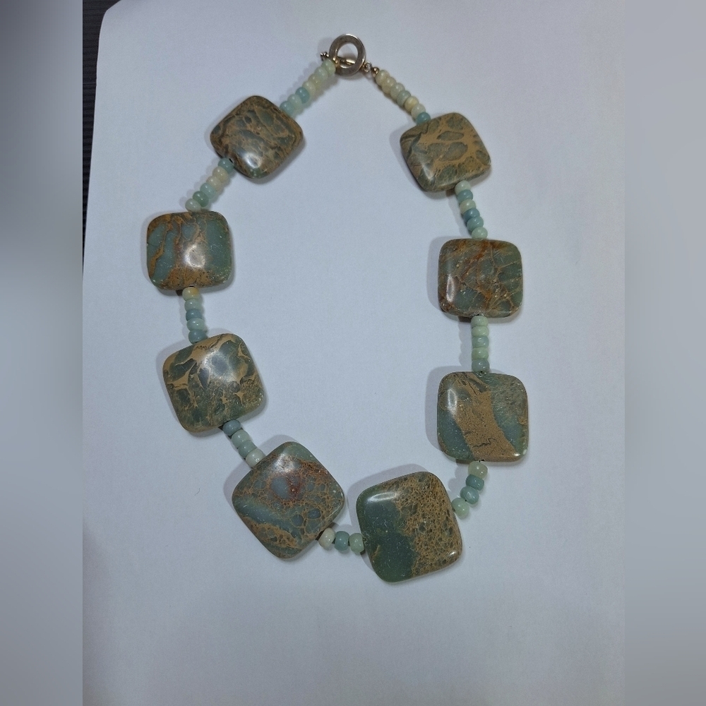 Teal Beaded Square Stone Marble Style Statement Costume Jewelry Necklace - Picture 4 of 11